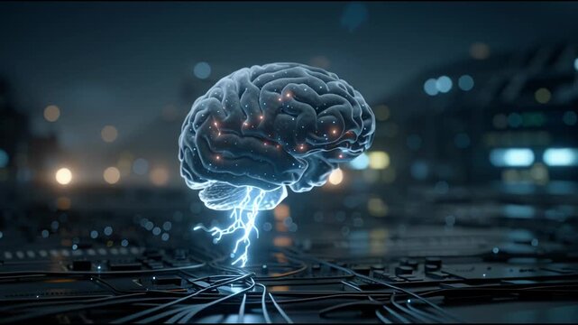 4K video of glowing digital brain with neural lightning over a circuit board, futuristic AI concept