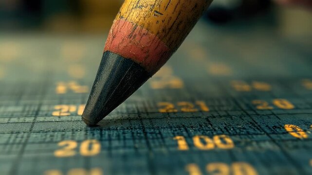Dynamic Macro Close-up: Pencil Tip on Grungy Data Sheet with Numbers, Financial Calculation and Planning