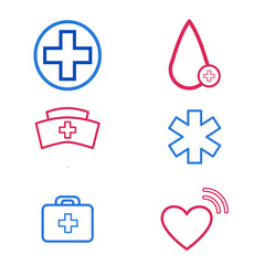 Medical and Healthcare Icon Set - Simple Line Vector Illustrations for First Aid, Blood Donation, Nurse, Emergency, Doctor's Bag, and Heartbeat Concepts

