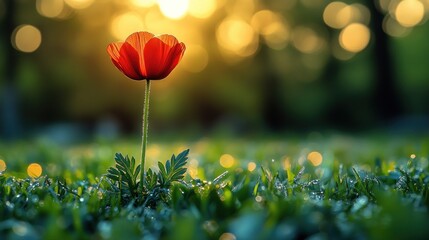 Obraz premium Single red flower in a grassy field at sunset