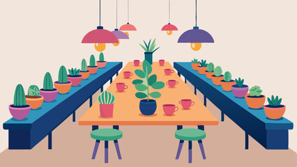 A long communal table adorned with vibrant succulents and hanging pendant lights inviting students to sit and eat together.