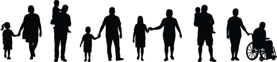 Silhouettes of Family Bonding, Diverse Family Members Holding Hands, Parents with Children, Elderly and Disabled Family Support, Multigenerational Love, Care, and Togetherness in Black and White