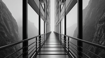 A sleek, modern corridor with glass walls leading to a foggy mountain landscape in the background