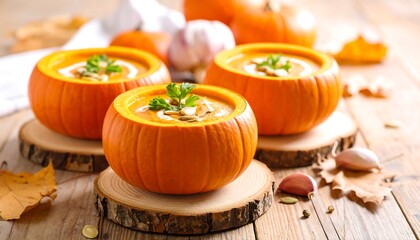 Three pumpkin soup bowls on wood slices with garlic and autumn leaf
