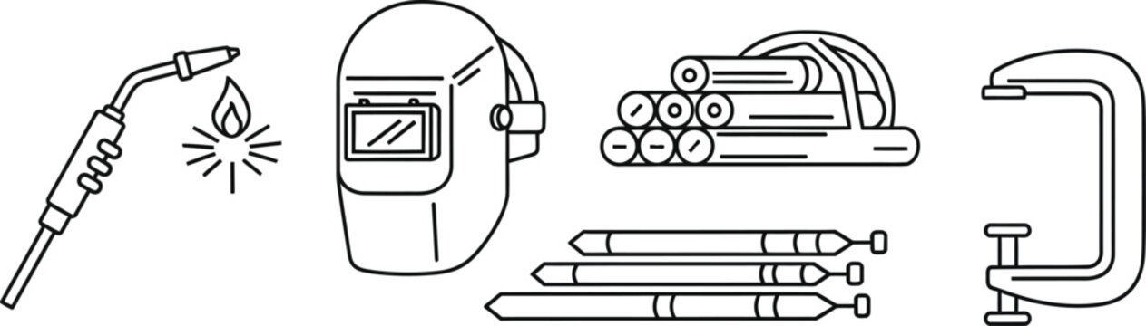 Vector icon of welding equipment, including a mask, clamp, and torch, representing tools for metalwork, fabrication, and industrial construction
