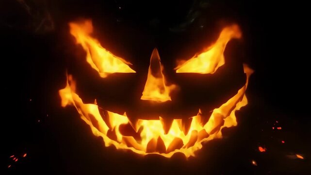 Fiery Jack O'Lantern face burning in darkness with dynamic flames, perfect for Halloween, horror, and spooky themed projects, creating an eerie atmosphere