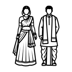 South Indian Half Saree Veshti Kurta Couple Vector - Traditional Ceremonial Attire outline