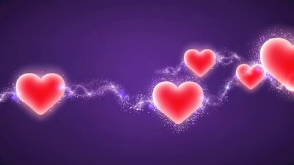 Glowing red hearts floating against a vibrant purple background, perfect for romantic celebrations, Valentine's Day greetings, and love-themed projects, creating a stunning visual.