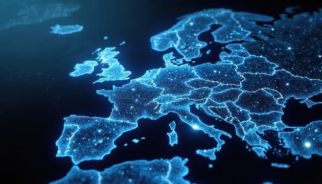 Europe map in a futuristic cyber network. Digital illustration of connected globe with glowing lights. Vibrant blue and white map with black outlined landmasses. Map slightly tilted towards viewer.