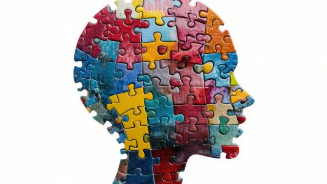 A creative representation of a person's head composed of interlocking puzzle pieces