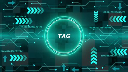 Glowing Neon Tag Circle with Digital Data Streams and Arrows on Futuristic Circuit Board Background - Powered by Adobe