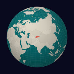 Kyrgyzstan on the map. Globe centered to Kyrgyzstan. Country location on the world map. Teal Pale Mint color palette. Globe with countries, meridians and parallels. Beautiful vector illustration.