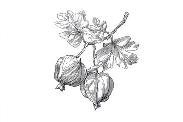 Obraz premium Detailed black and white illustration of gooseberries and leaves
