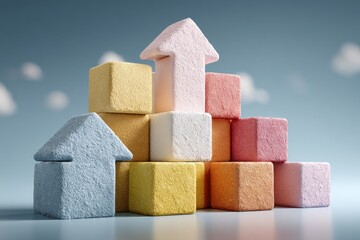 Colorful block houses stacked in ascending order, depicting real estate growth and investment