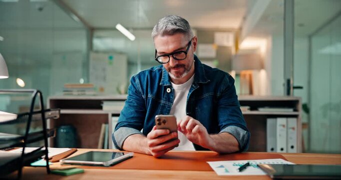 Phone, thinking and business man in office with funny meme, networking or scroll notification. Mobile, mature manager and reading message online, communication and laughing with insight on internet