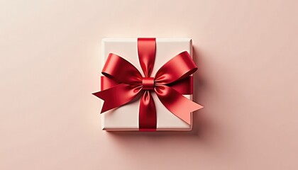 White gift box with red ribbon on pastel pink background