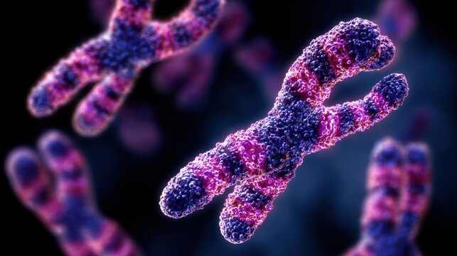 3D visualization of cellular structure emphasizing chromosomal abnormalities linked to Turner syndrome and their effects on development.
