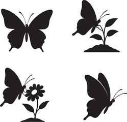 butterfly silhouette ,perched butterfly,
insect on flower ,butterfly wings ,Black and white Silhouette 