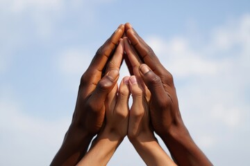 Diverse Hands Joined in Unity Against Blue Sky - Teamwork and Connection