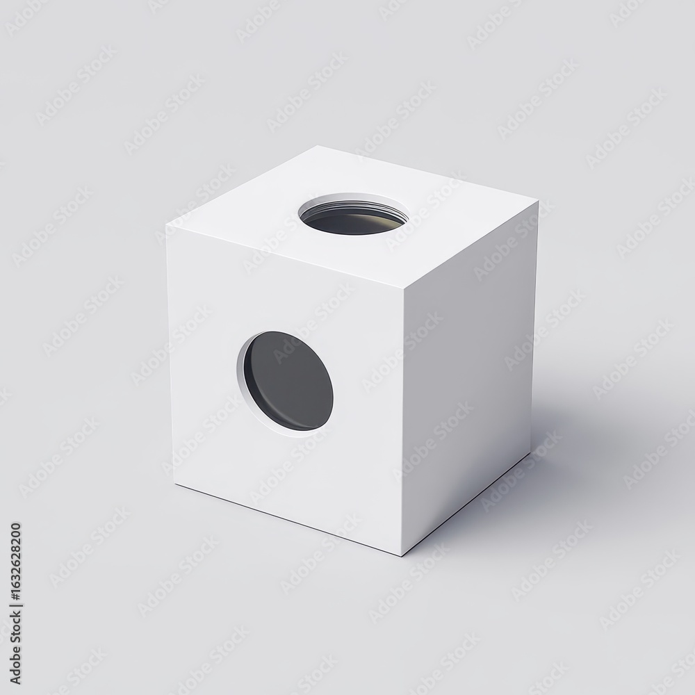 Poster white cube-shaped container with circular openings.