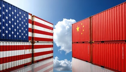 Fototapeta premium Two red shipping containers with blue stripes stacked on top of in serene environment. Backdrop blue sky with white clouds, featuring small yellow bird in bottom right corner. Red, blue colors