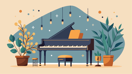 An old piano sits in the corner decorated with string lights candles and plants creating a whimsical focal point in the room.