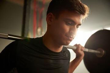 Intense Male Weightlifter Focused on Squatting with Heavy Barbell