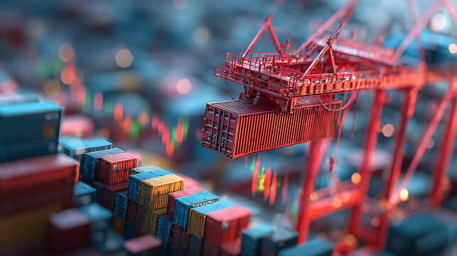 Red crane lifting shipping container over stacked cargo shipping containers logistics