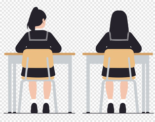 Two Japanese schoolgirls in traditional black sailor style school uniforms (seifuku), sits at their wooden desks, viewed from behind. Simple flat vector illustration isolated on transparent background
