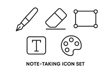 Art and writing tool outline icon set. Line art pictograms for graphic design software and app UI. Includes fountain pen, eraser, text editor, color palette, and selection tool.