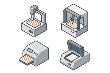 Laboratory automation isometric icon set. Scientific research and biotech equipment. Robotic liquid handler, microplate reader for medical analysis and experiments. Vector.