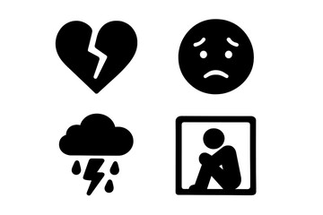 Anxiety and depression solid glyph icon set. Mental health concepts vector. Relationship problems, broken heart, worry, sad face, loneliness, and emotional turmoil icons.