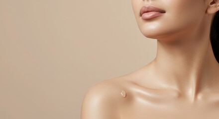 Illustration of closeup of a womans face and shoulder with dewy, glowing skin