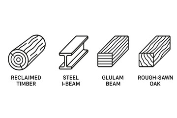 Obraz premium Building material outline icons set. Vector collection of construction beams: reclaimed timber, steel I-beam, glulam beam, rough-sawn oak. Architecture engineering elements.