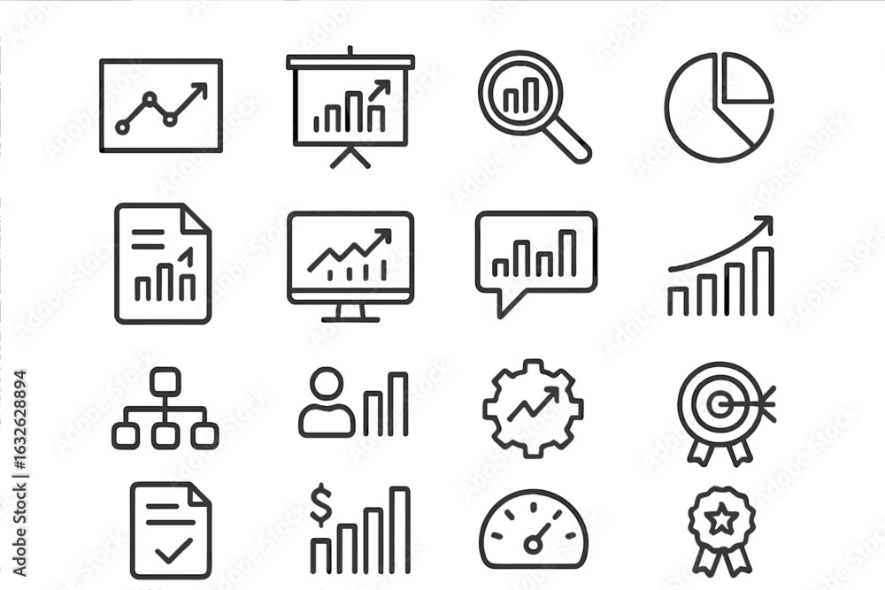 Poster business data analytics outline icons. performance metrics and kpi vector icon set. infographic elem