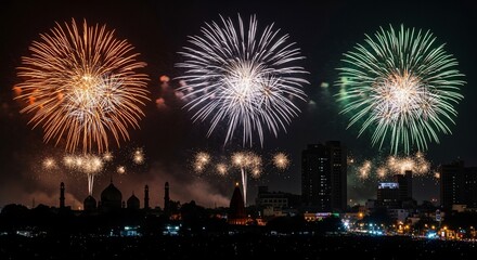 Fototapeta premium Colorful Fireworks Display Over City Skyline at Night