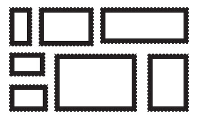 Blank postage stamps borders vector set. Mockup postage stamps with shadow. Realistic trendy post stamps set. Vector illustration.