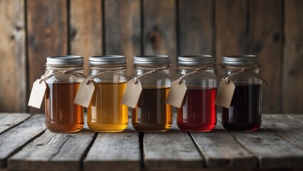 Assortment of Homemade Syrups in Glass Jars with Rustic Wooden Background