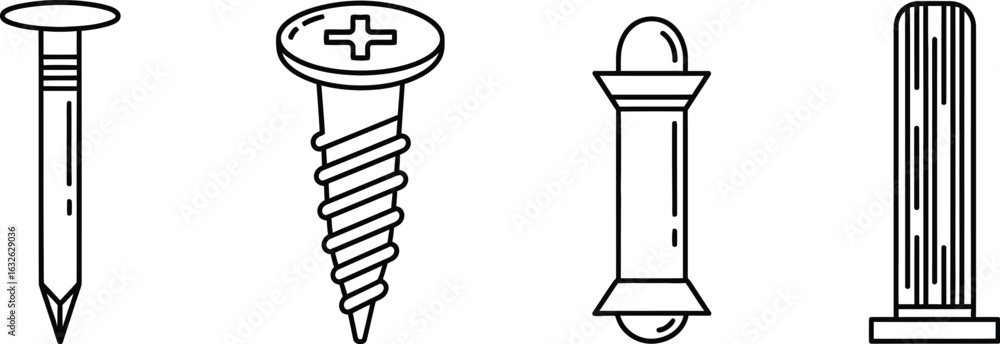 Poster vector art of set of different types of fasteners nails, screws, furniture hardware, and other fixin