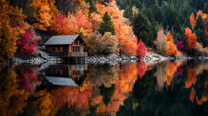 Rustic cabin beside tranquil lake with vibrant autumn foliage reflected fall trees
