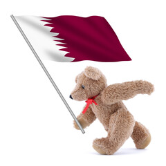 Qatar flag being carried by a cute teddy bear