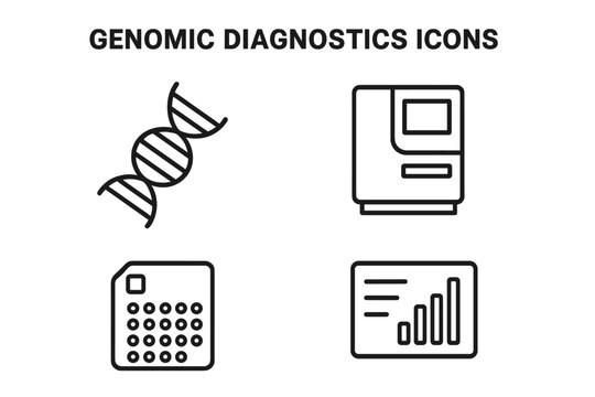 Genomic diagnostics outline icon set. Gene sequencing, DNA analysis, and genetic research concepts. Medical laboratory technology for biology science. Vector icons.