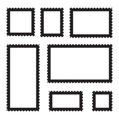 Blank post stamp. Postage frame form, vintage empty postcard stamp frame with perforated border, mail delivery sticker template, philately element. Vector stamps isolated set