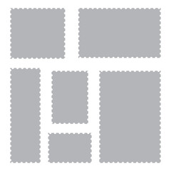 Blank post stamp. Postage frame form, vintage empty postcard stamp frame with perforated border, mail delivery sticker template, philately element. Vector stamps isolated set