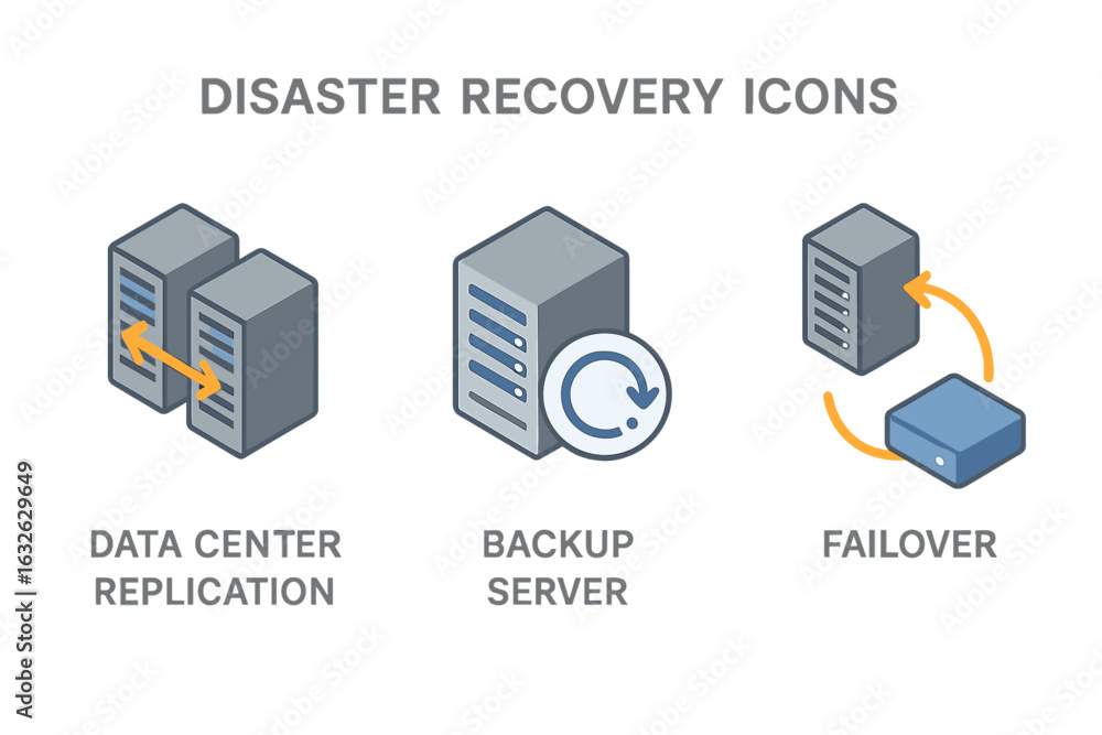 Poster disaster recovery isometric icon set. data center replication, backup server, and failover concepts.