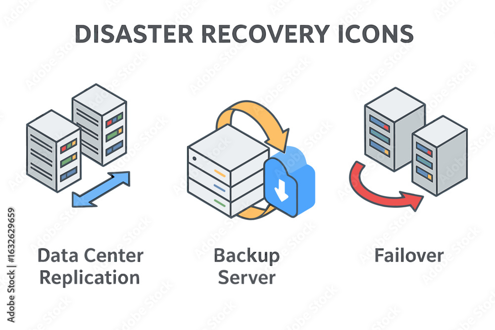 Poster disaster recovery plan isometric icon set. data center replication, cloud backup server, and system 