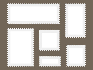 Set of blank rectangle and square postage stamp vector icons. Postage stamp set. Mockup postage stamps. Blank postage stamp borders templates.
