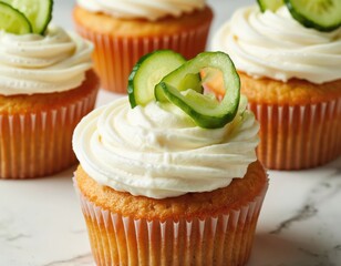 Fresh cupcakes on white marble countertop. White cream frosting topped with green cucumber and orange carrot. Creative dessert, savory twist in modern food fusion.