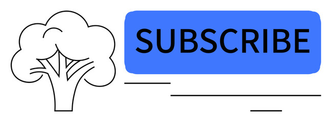 Minimalist tree beside prominent Subscribe button in blue. Ideal for ecology, subscriptions, growth, environment, sustainability, modern design, and call-to-action concepts. Simple flat metaphor