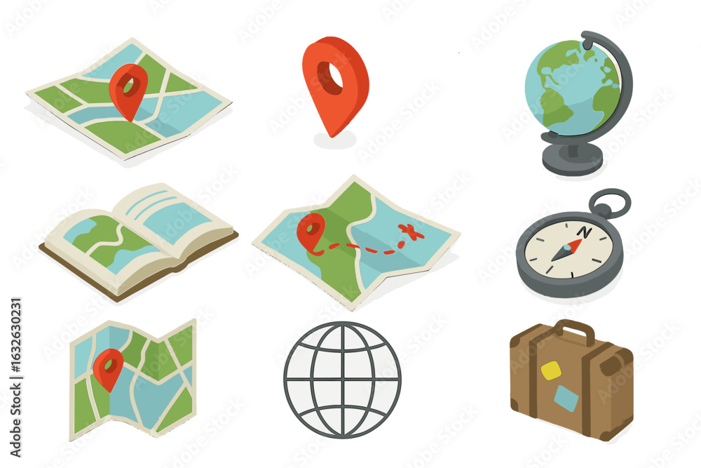 Poster geography and mapping icons set. isometric travel and navigation symbols. vector illustration with l